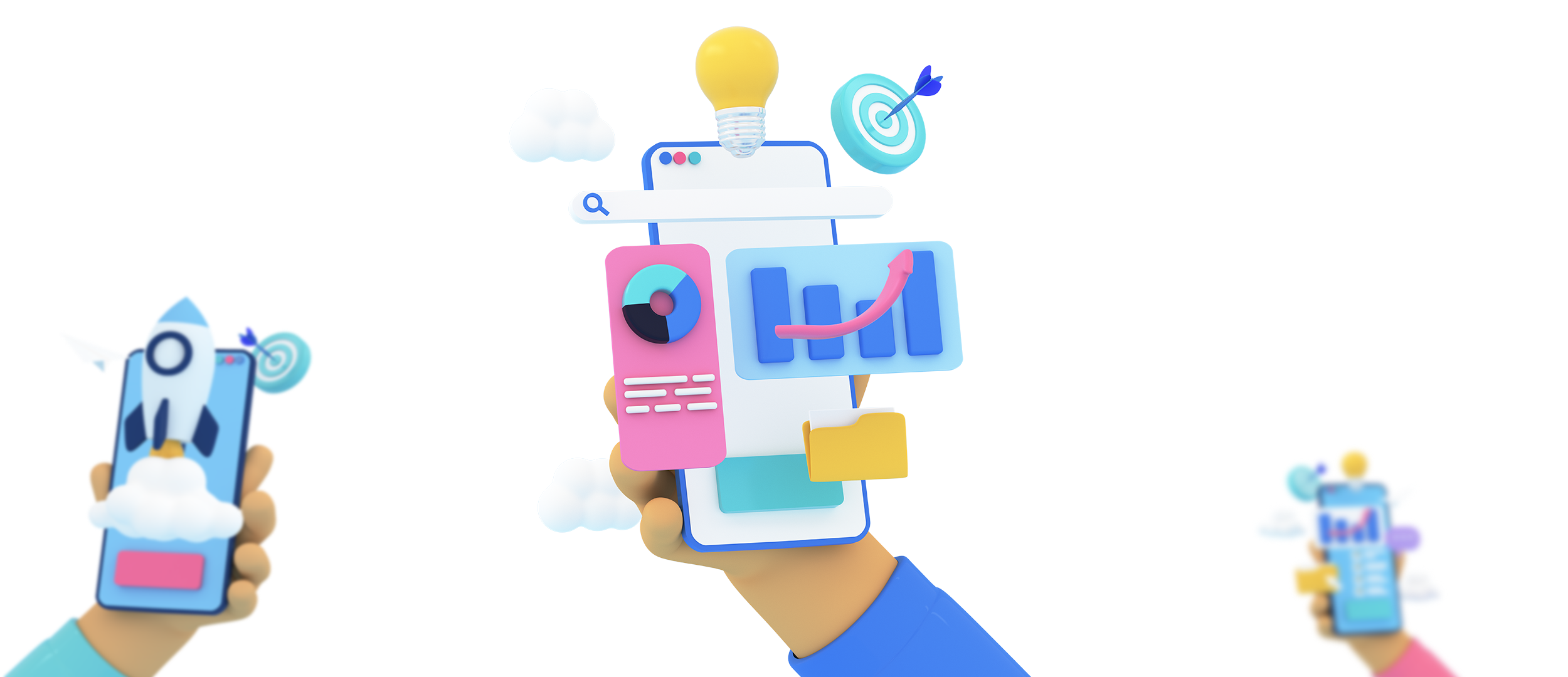 3D rendered hands holding phones with icons popping out representing our marketing disciplines