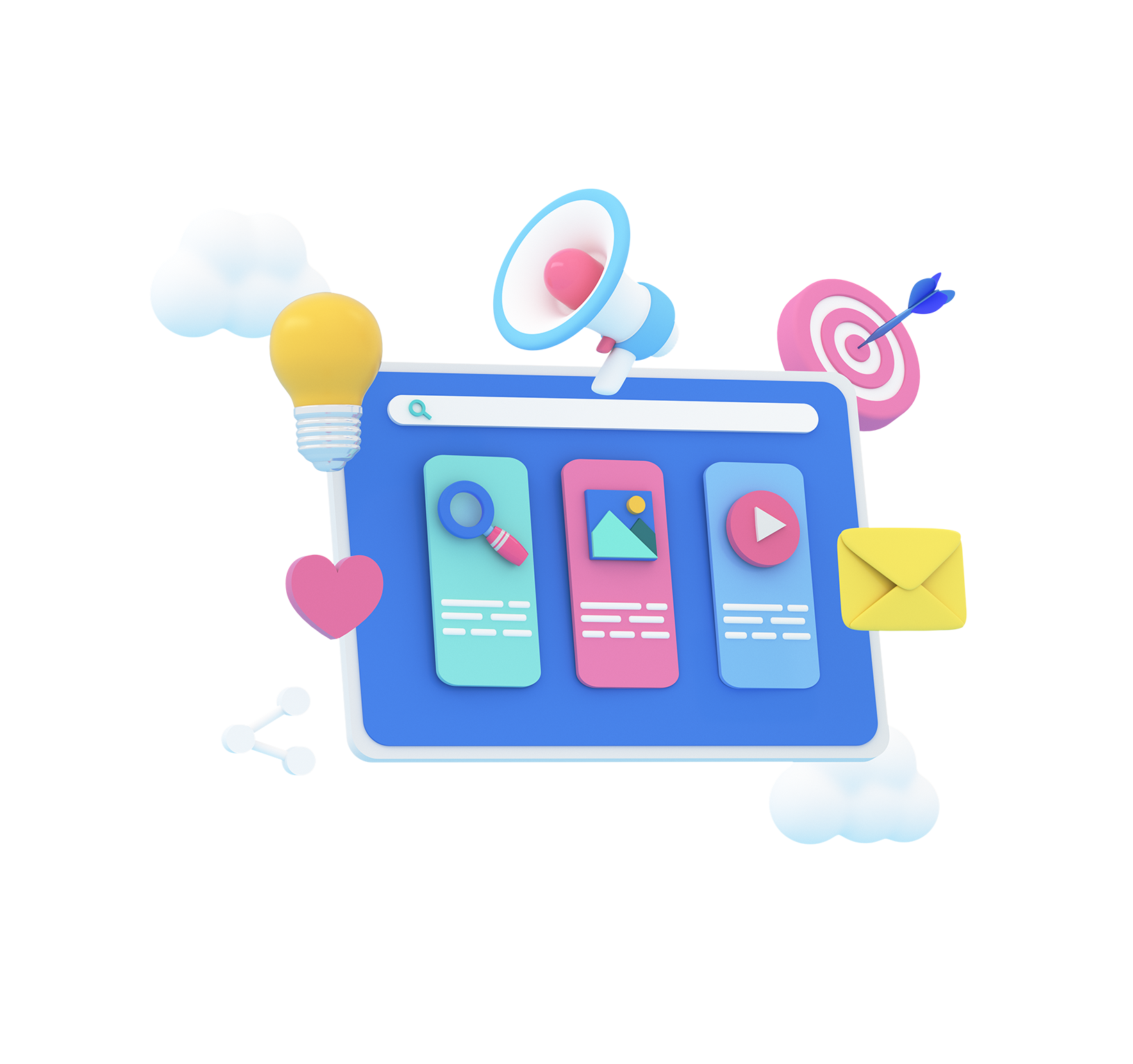 A 3D rendered UI of software "cards" often used in social media software accompanied by icons for communication like a megaphone